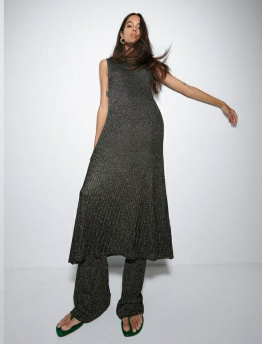 Zara Metallic Thread Knit Pleated Maxi Dress